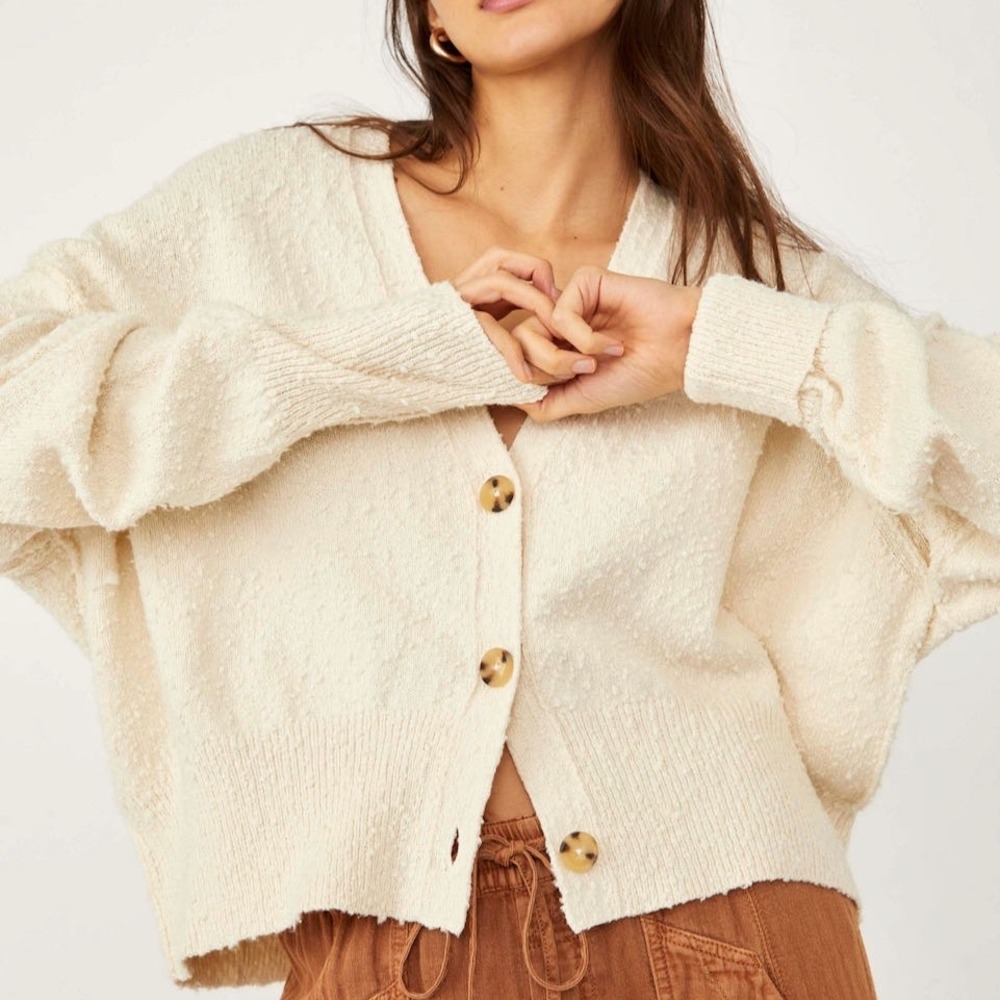 Free People | Found My Friend Cardigan Cream Textured Knit Slouchy V-Neck Size L
